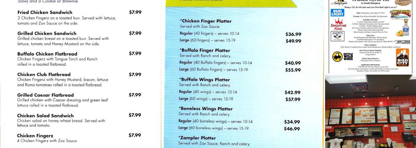 Zaxbys Chicken Fingers & Buffalo Wings Menu