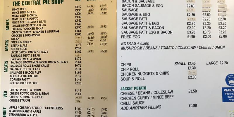 Central Pie Shop Menu