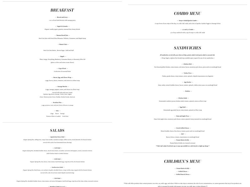 Appalachian Java Menu