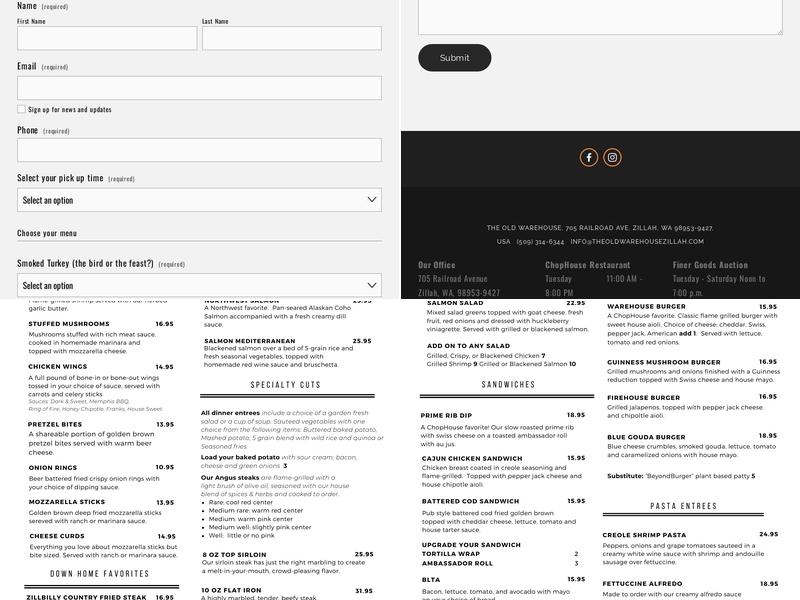 The Old Warehouse Furniture & Auction Menu