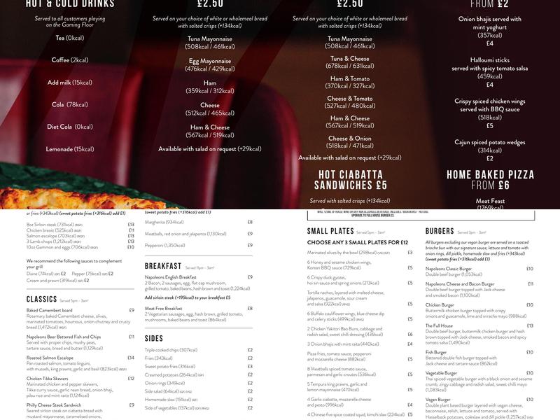 Napoleons Casino & Restaurant, Sheffield Menu