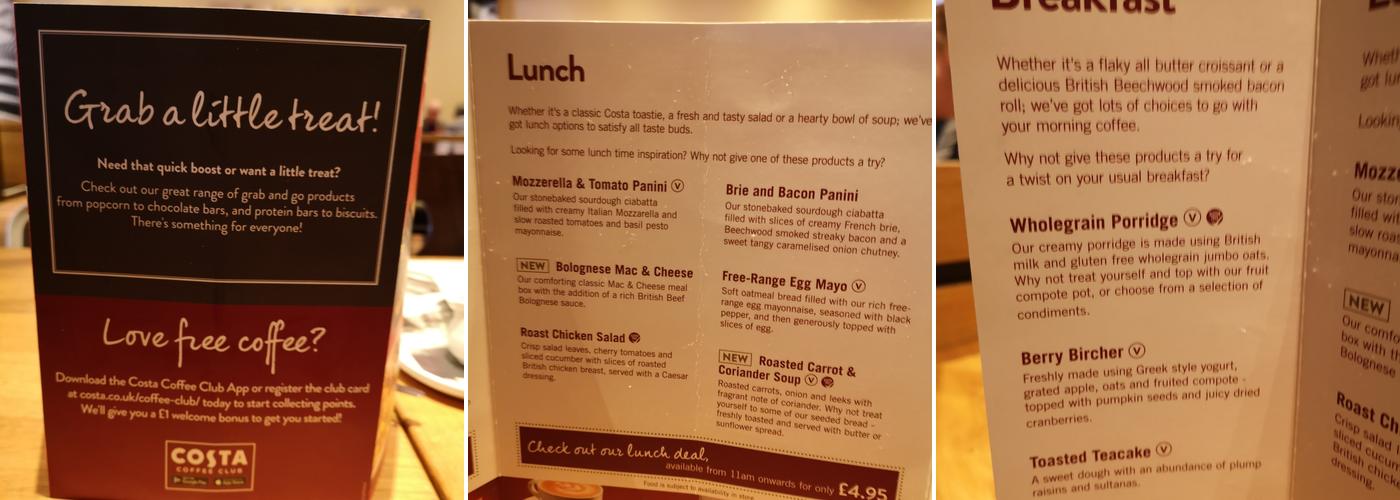 Costa Coffee Menu