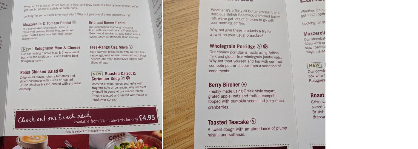 Costa Coffee Menu