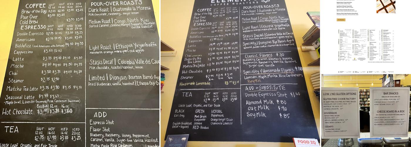 Elements Books Coffee Beer Menu