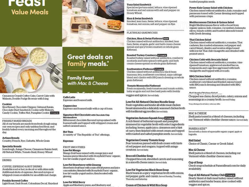 Panera Bread Menu