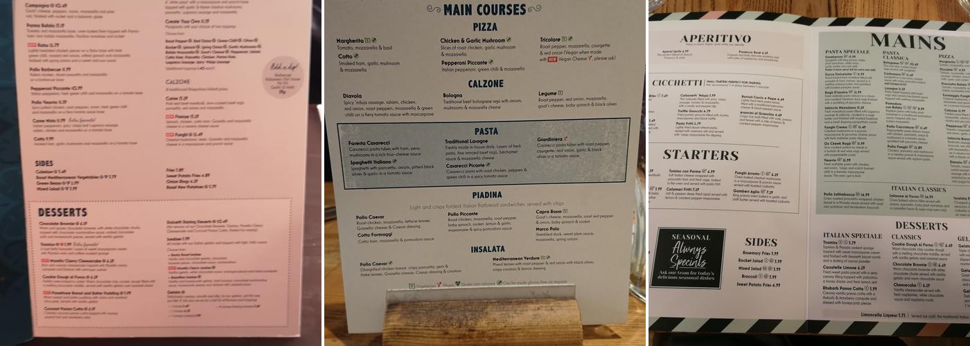 Bella Italia - Oxford Menu