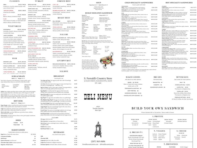 S. Fernald's Country Store Menu