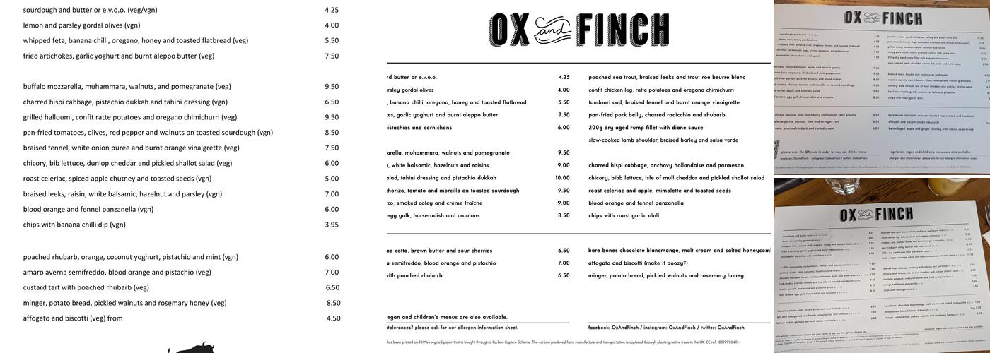Ox and Finch Menu