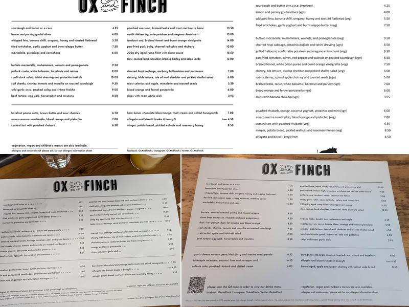 Ox and Finch Menu