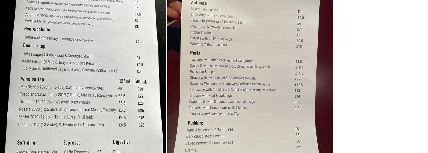Padella Shoreditch Menu