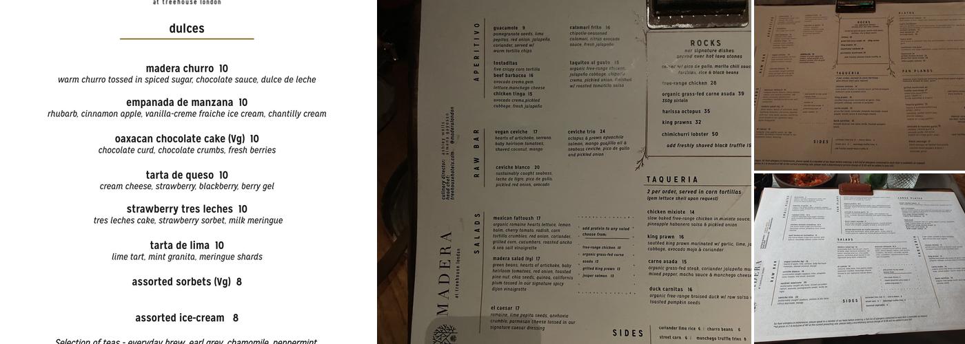 Madera at Treehouse London Menu