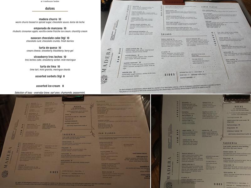 Madera at Treehouse London Menu