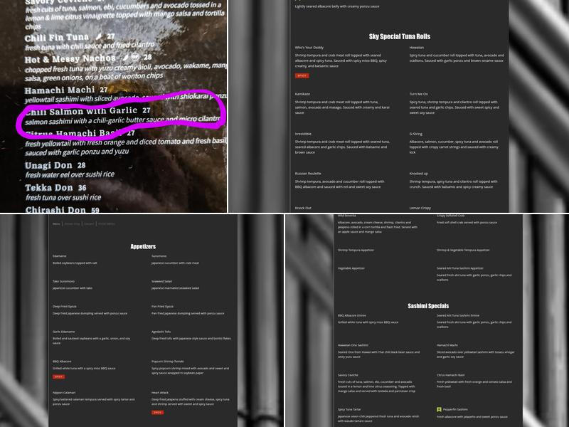 Sky Sushi Menu