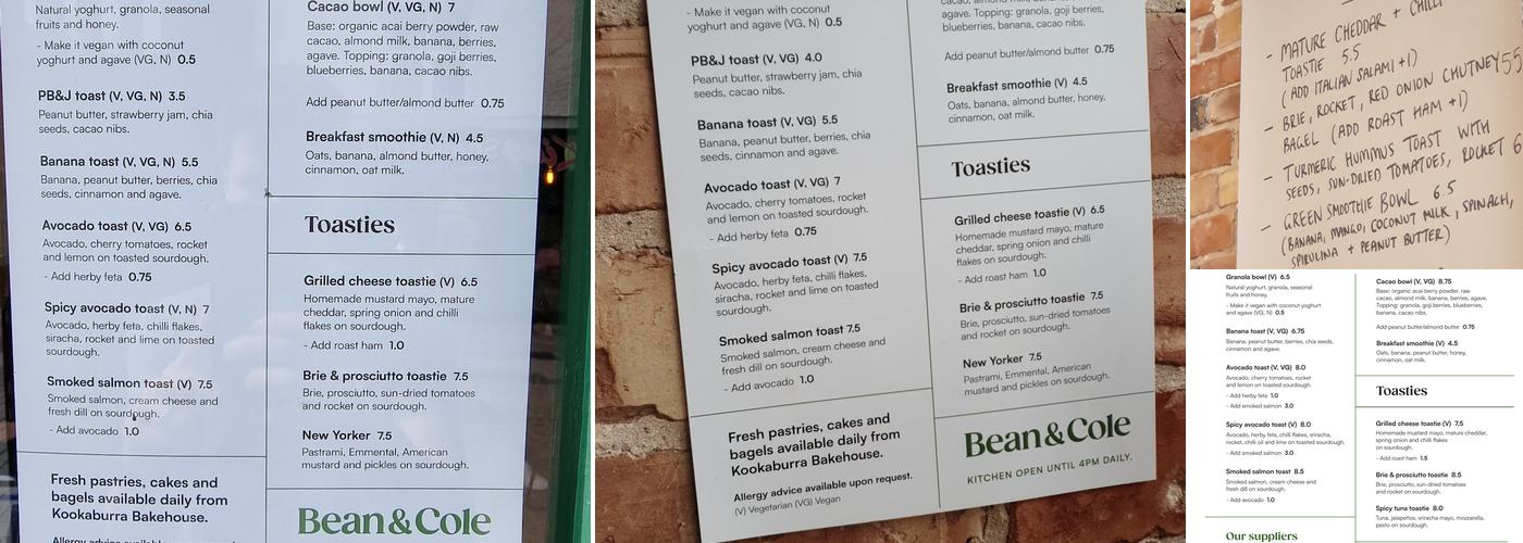 Bean & Cole Menu