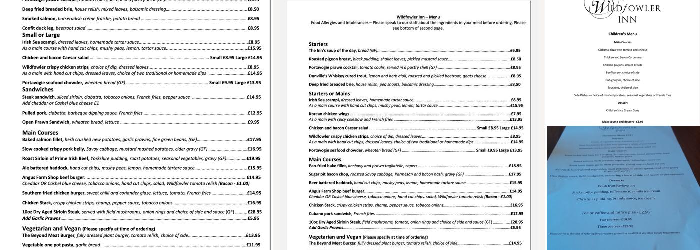 The Wildfowler Inn Menu