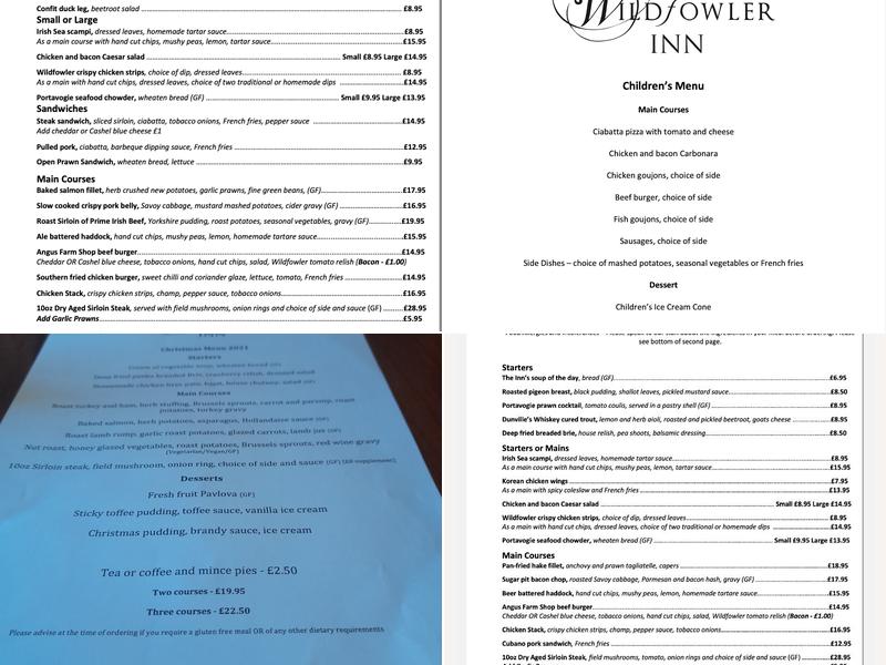 The Wildfowler Inn Menu