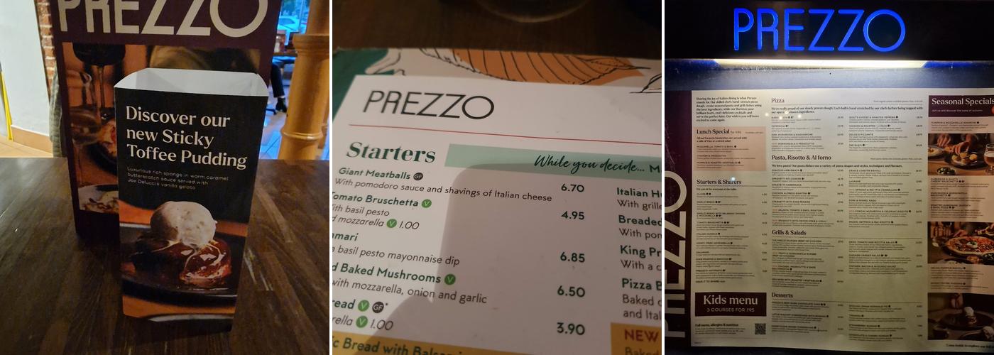 Prezzo Italian Restaurant Ringwood Menu