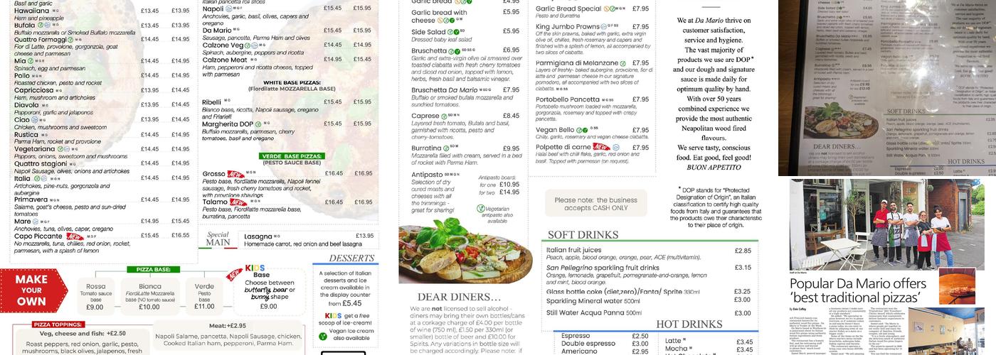 Da Mario Wood Fired Pizza Menu