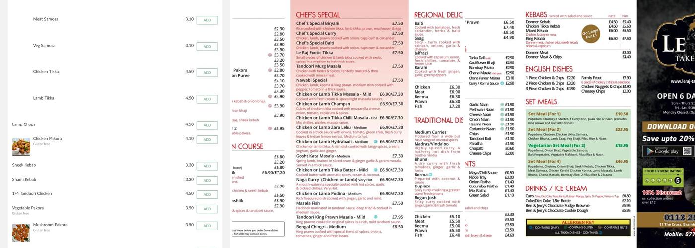 Le Raj Takeaway Menu