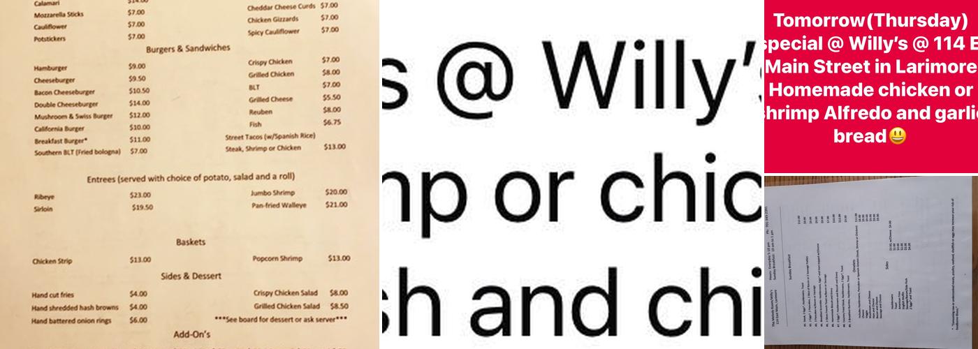 Willy's Menu