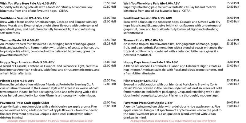 Southwark Brewing Company Menu