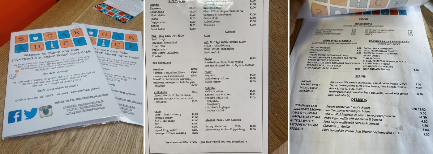Sugar and Dice Board Game Café Menu