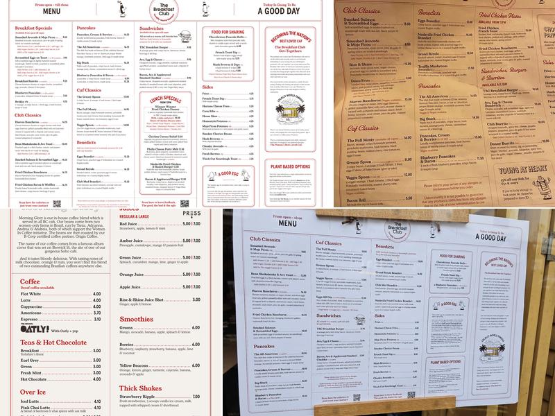 The Breakfast Club Soho Menu