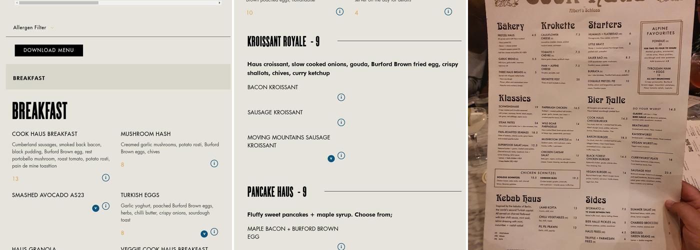 Alberts Schloss Menu