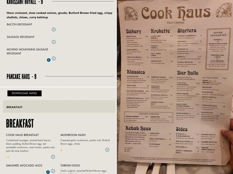 Alberts Schloss Menu