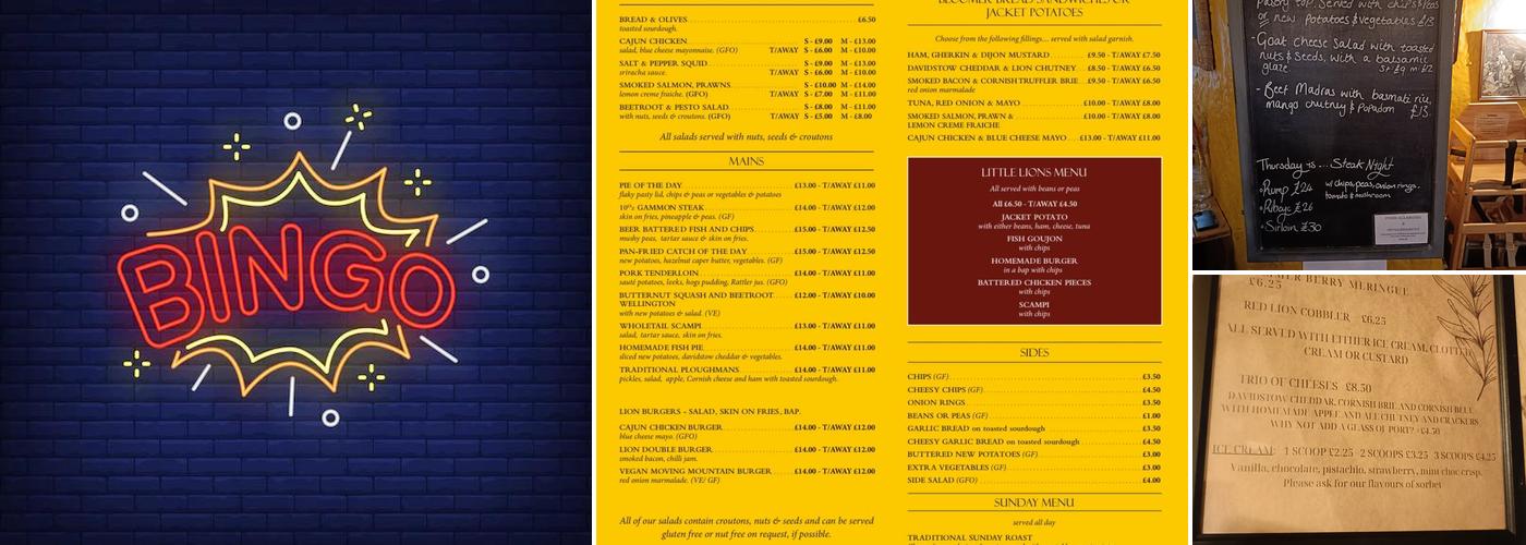 The Red Lion, Blackwater, Truro Menu