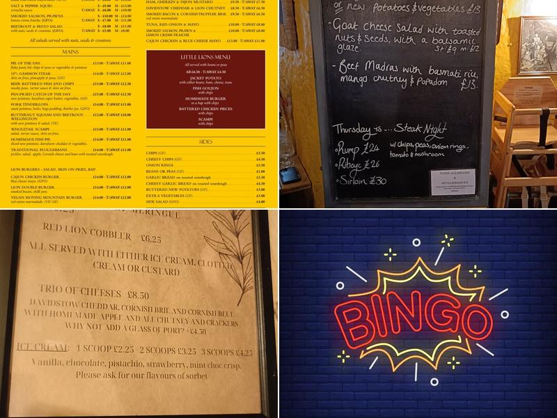 The Red Lion, Blackwater, Truro Menu