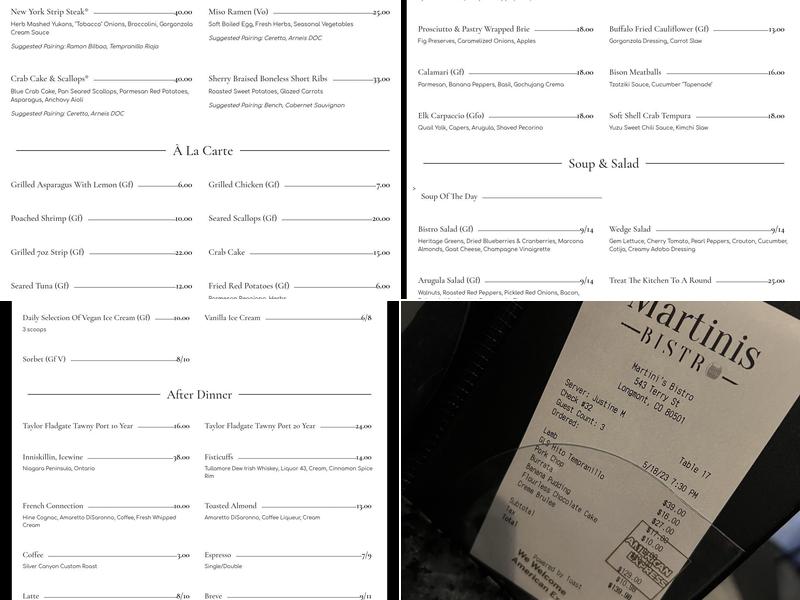 Martinis Bistro Menu