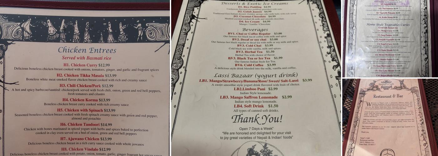 Nepal's Cafe Menu