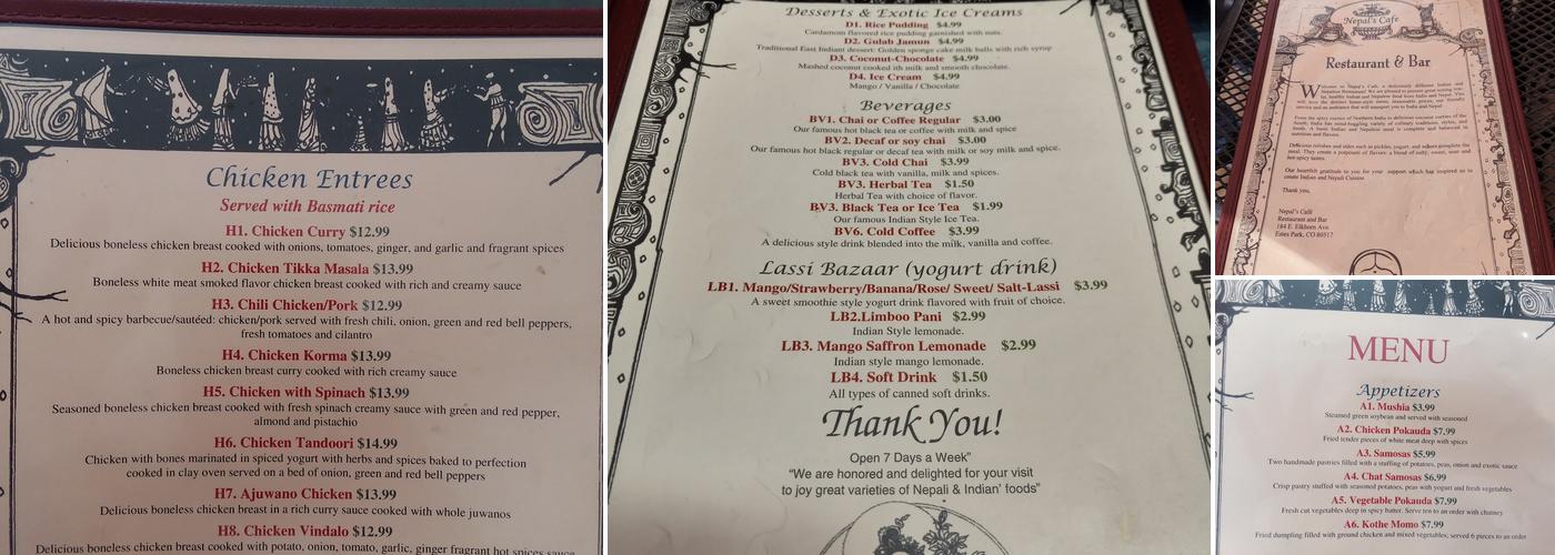 Nepal's Cafe Menu
