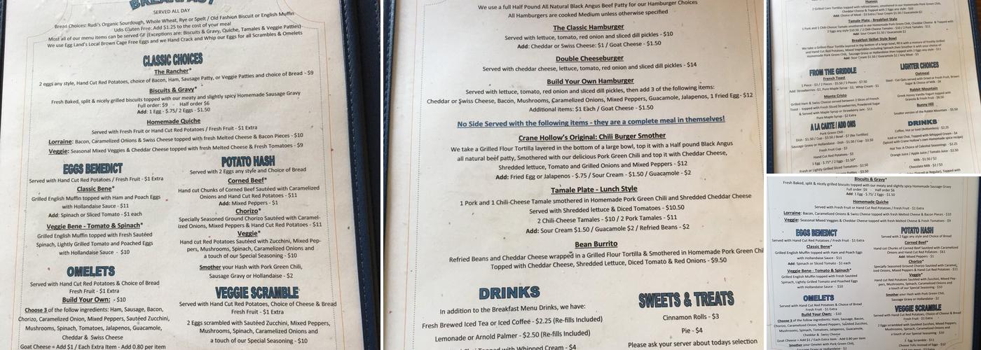 Crane Hollow Cafe Menu