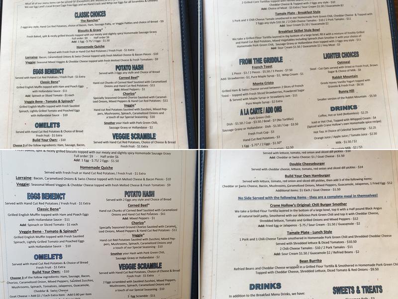 Crane Hollow Cafe Menu
