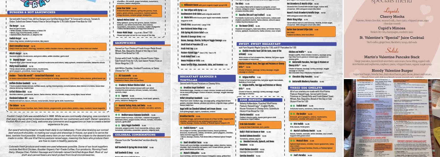 Foolish Craig's Cafe Menu