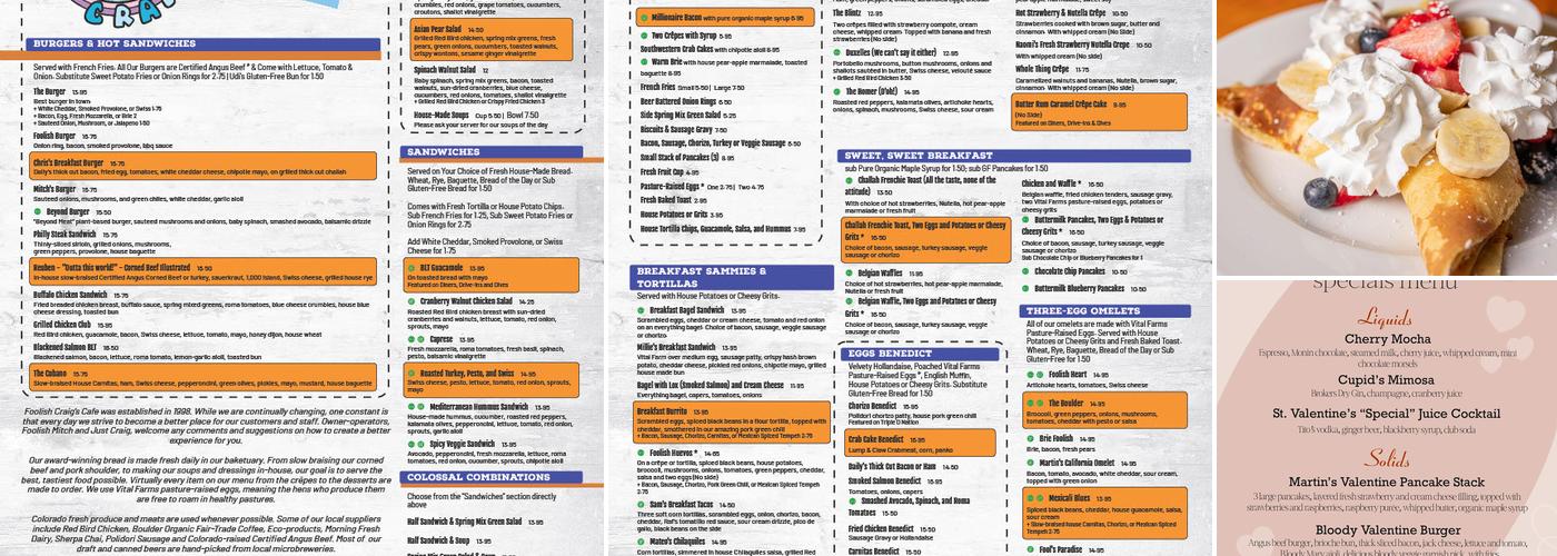 Foolish Craig's Cafe Menu
