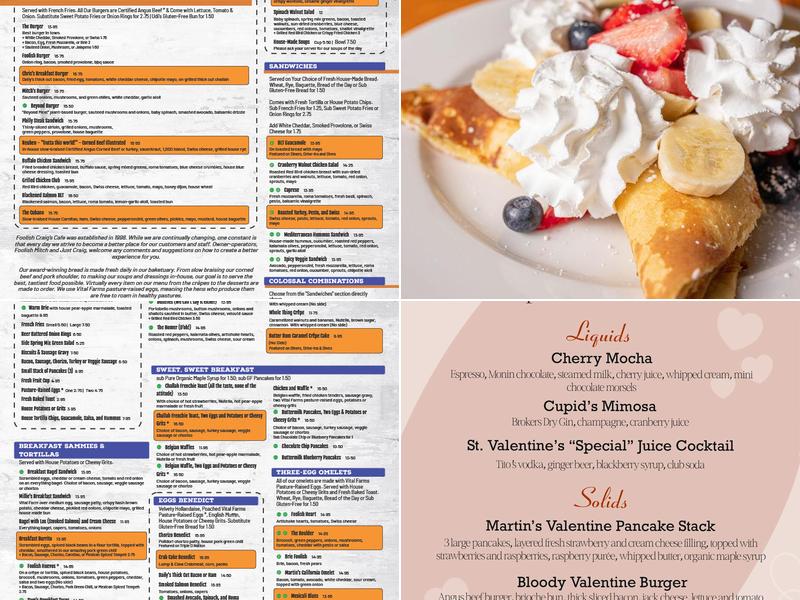 Foolish Craig's Cafe Menu