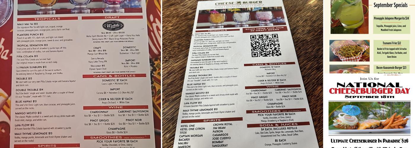 Cheeseburger In Paradise Menu