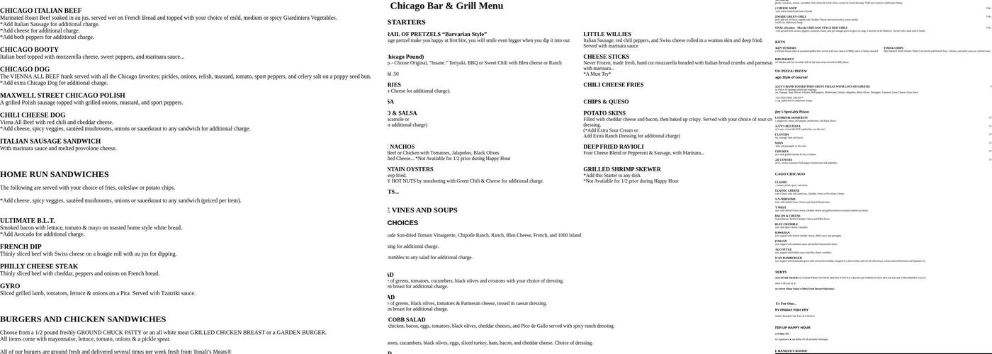Wrigley's Chicago Bar & Grill Menu