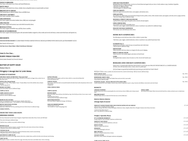 Wrigley's Chicago Bar & Grill Menu