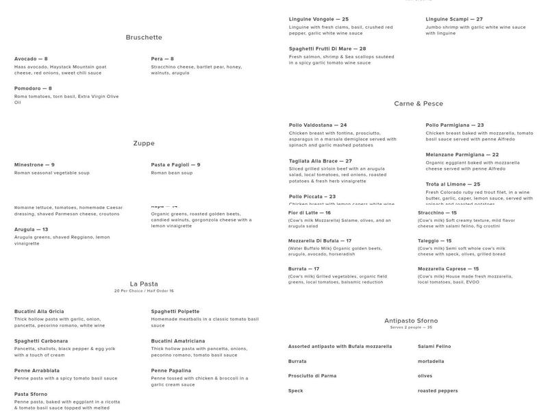 Sforno Trattoria Romana Menu
