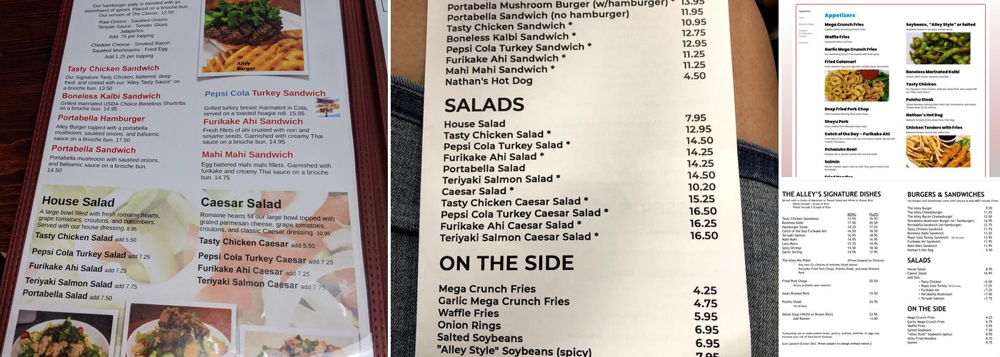 The Alley Restaurant at Aiea Bowl Menu