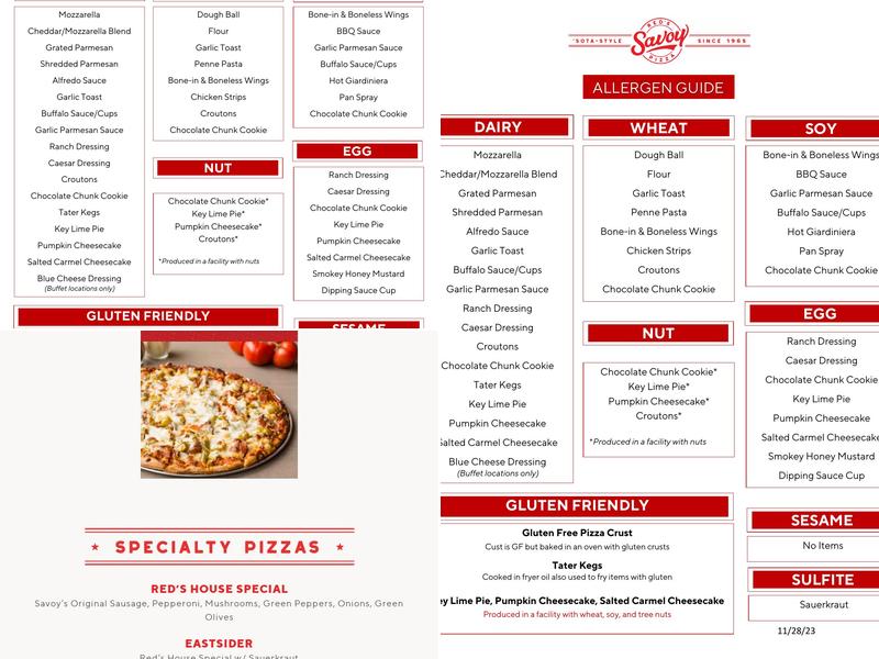 Red's Savoy Pizza Menu