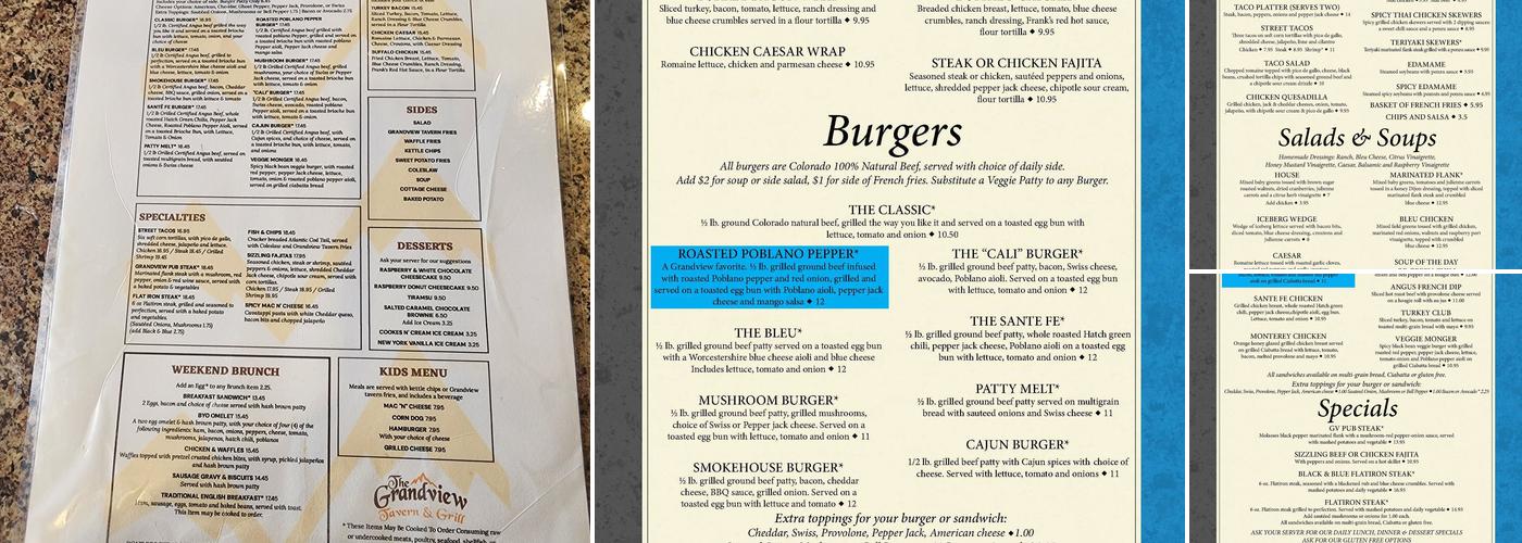 The Grandview Tavern and Grill Menu
