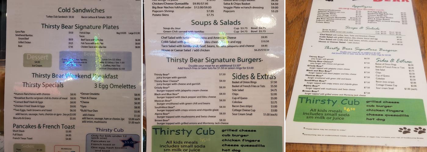 Thirsty Bear Bar & Grill Menu