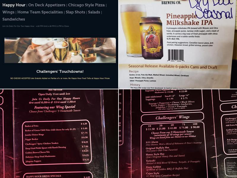 Challengers Sports Bar Menu