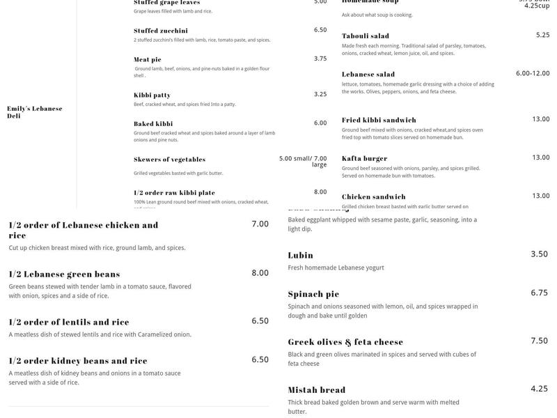 Emily's Lebanese Deli Menu