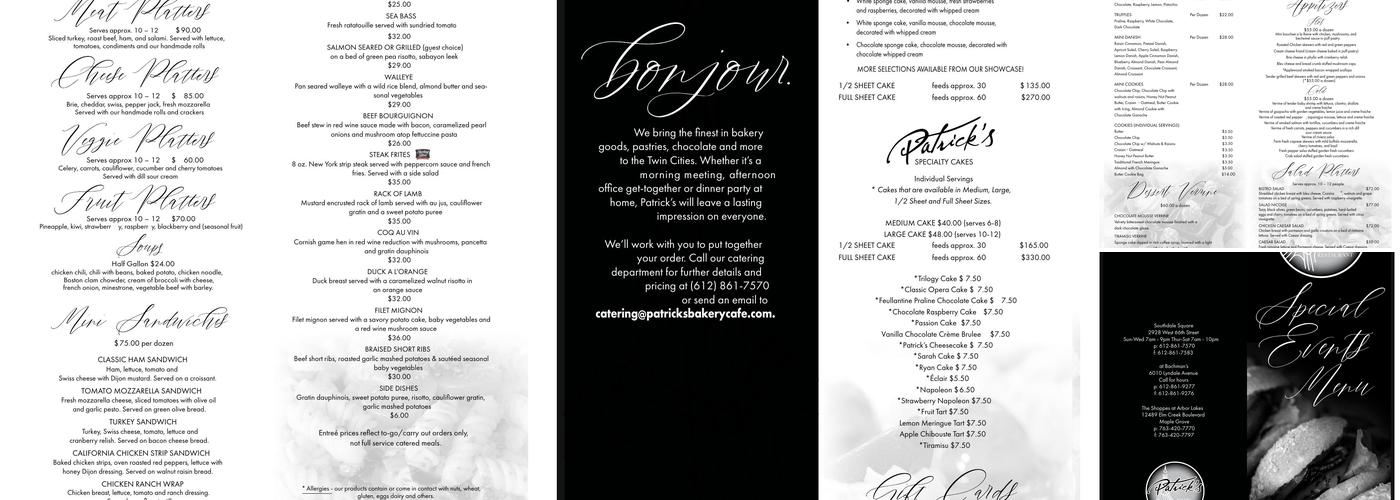 Patrick's Bakery & Cafe Menu